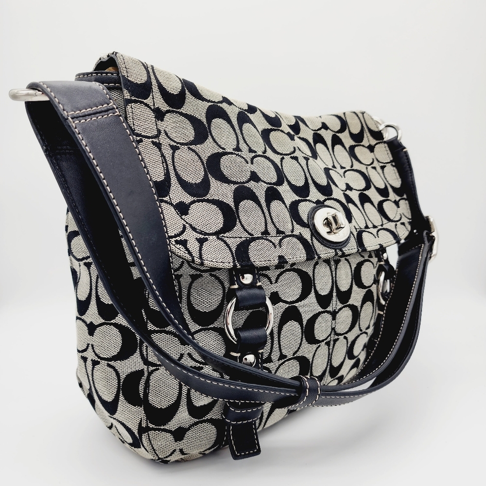 Coach Chelsea Signature Messenger Shoulder Bag Flap Turnlock Black Grey - Picture 5 of 14